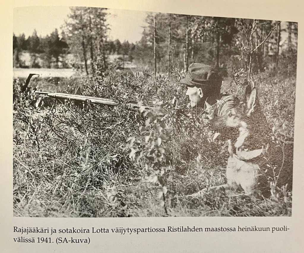 Rajajääkäri ja sotakoira väijytyspartiossa kesällä 1941. Kirja Hangosta Petsamoon, rajajääkärijoukot sodassa 1941-1944.